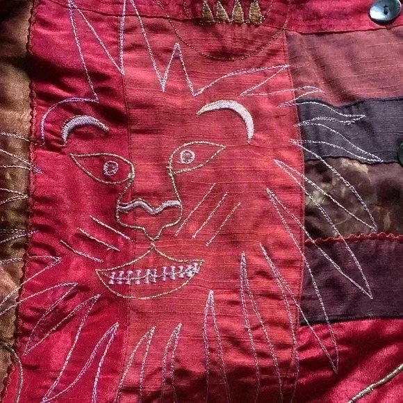 Indigo Moon Patcgwork Lion stitching Ling Sleeve Jacket Size Small Oversized Red - Picture 11 of 16